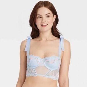 NWT Auden Light Blue Floral Lace Longline Bralette with Bow Straps